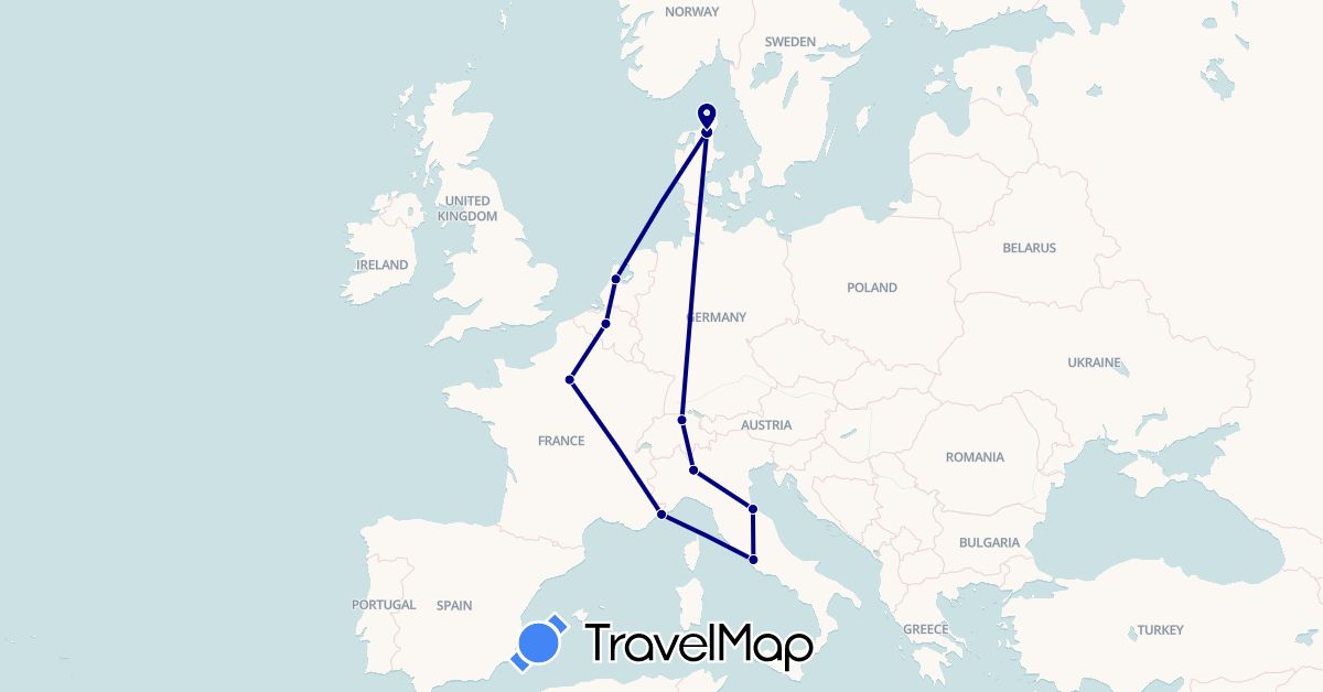 TravelMap itinerary: driving in Belgium, Switzerland, Denmark, France, Italy, Monaco, Netherlands, San Marino (Europe)